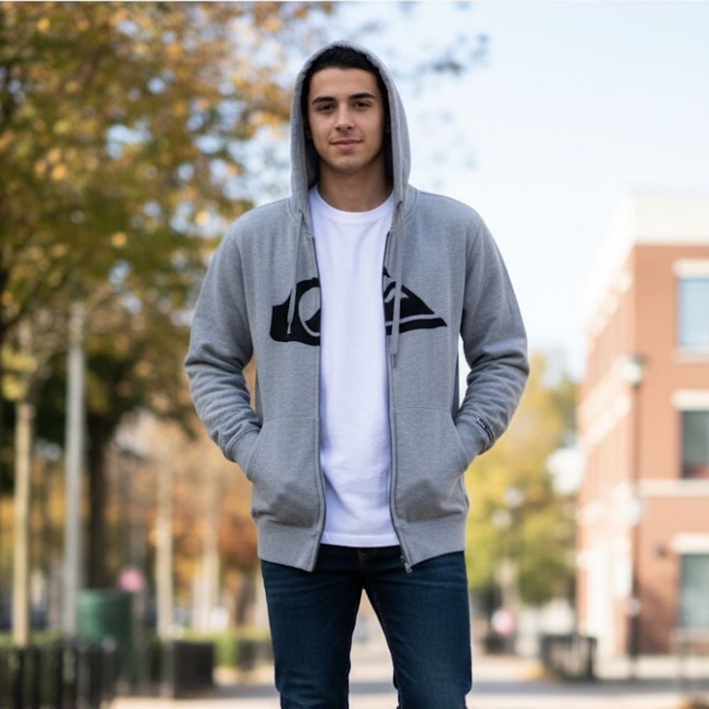 Quiksilver Full Zip Big Logo Grey Hooded Sweatshirt size S